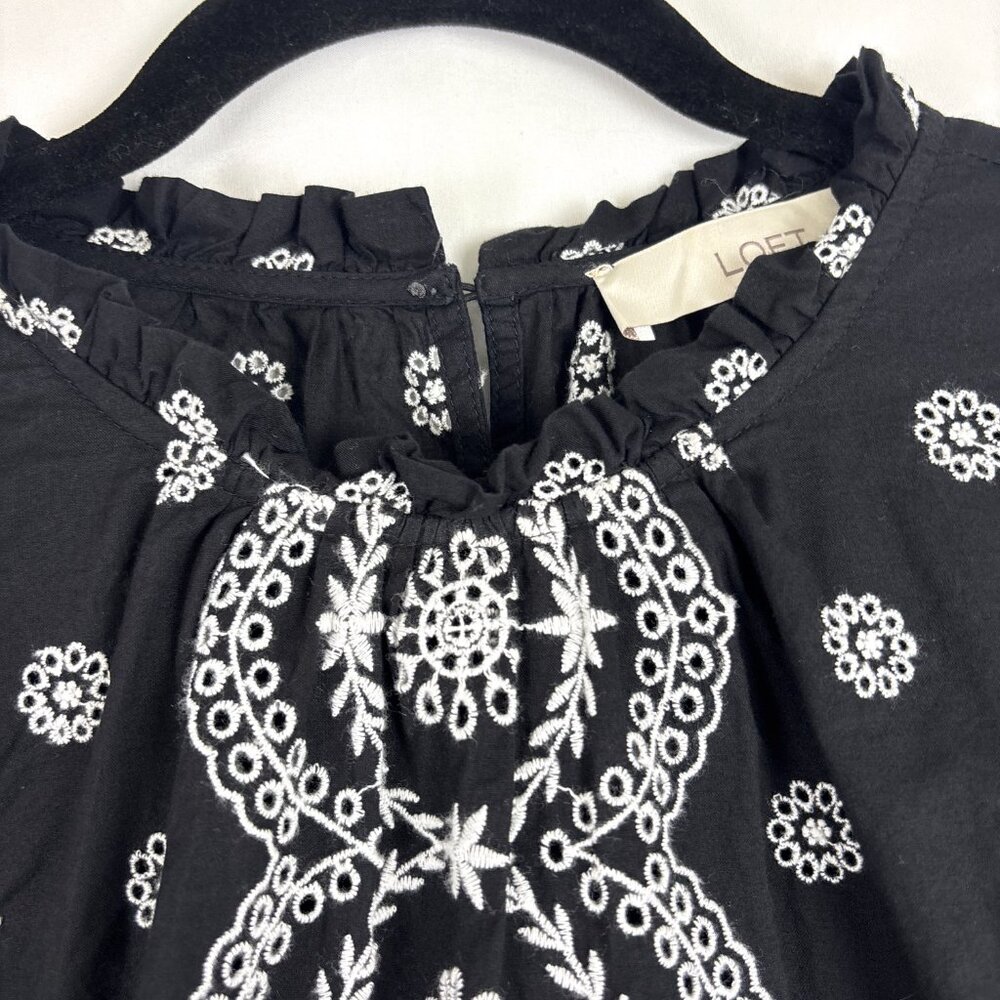 LOFT Black Embroidered Puff Sleeve Top Women's Size Large Boho Cottagecore - Picture 8 of 15